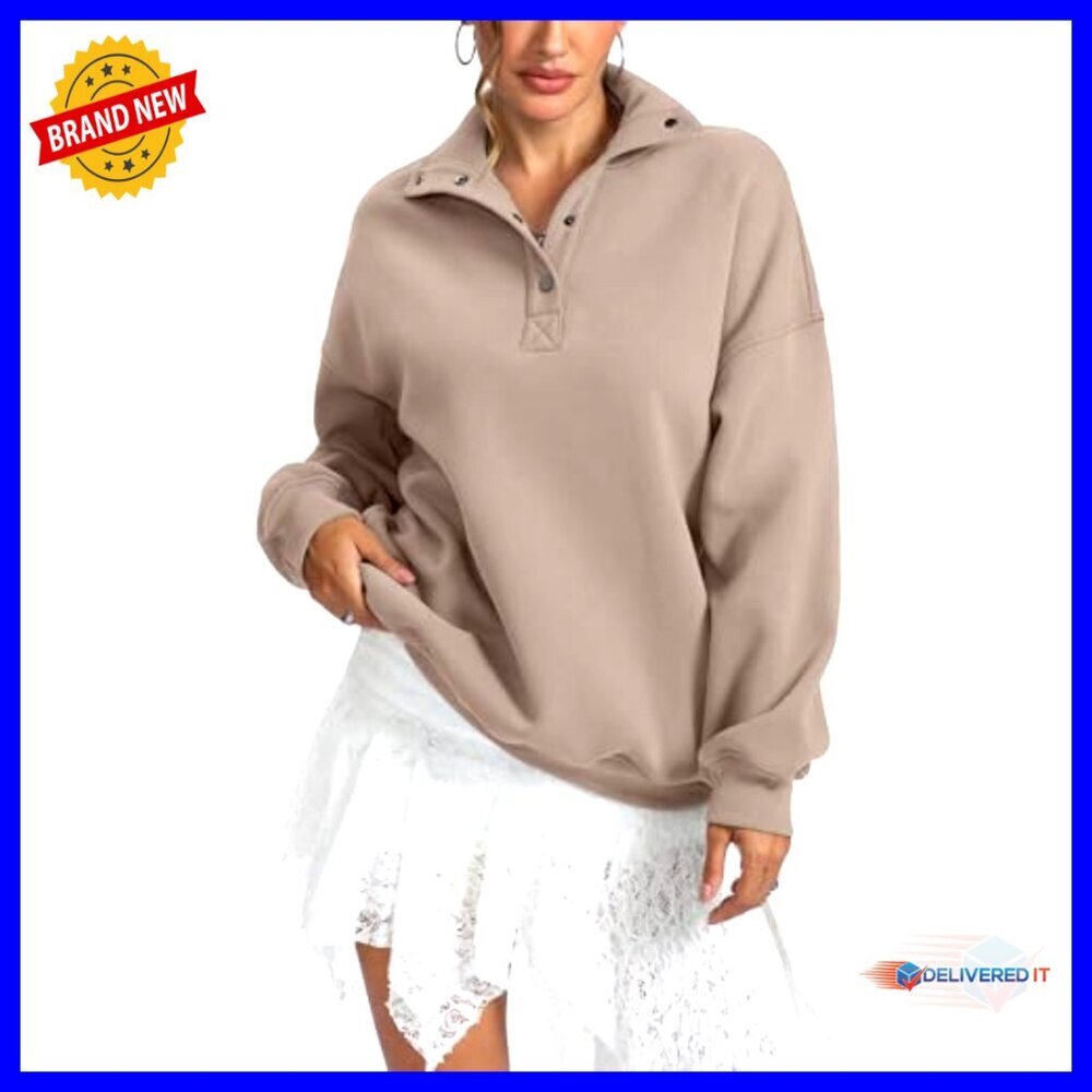 Oversized Fleece Sweatshirt Henley Neck Button Pullover Long Sleeve Top - Picture 5 of 7
